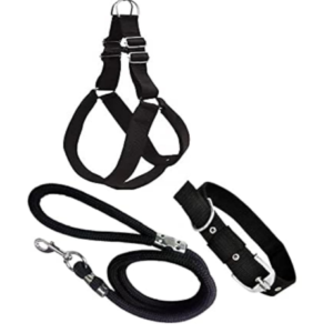 Dog Combo Pack of Harness, Neck Collar Belt and Rope Set (Black, Medium, Waterproof, Rope Size 1.5M-2M)