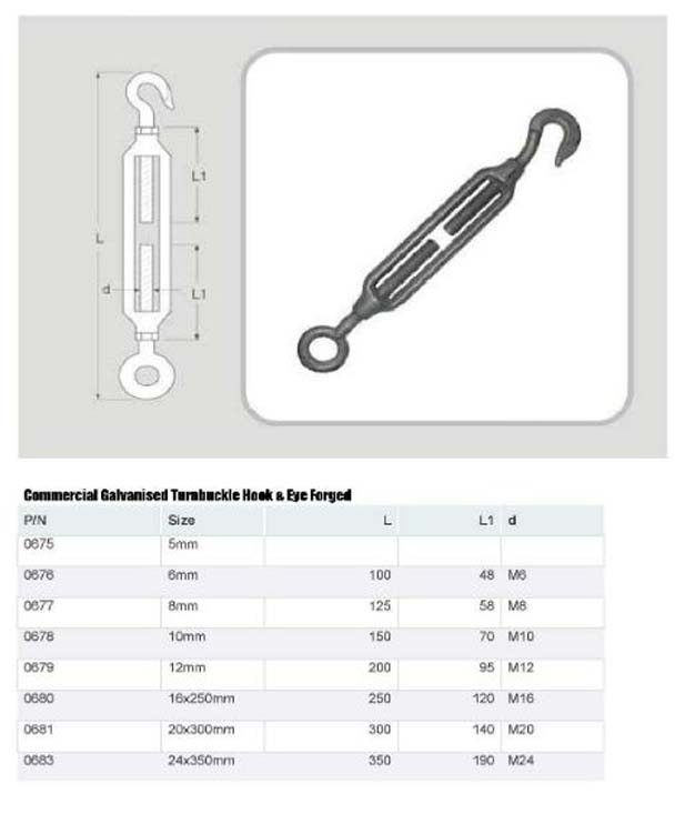 Eye to hook Turnbuckle Mild Steel Galvanized - Wire Rope Turnbuckle Straining Screw Open Body Rigging Wire Rope Tension - All sizes (8mm, 5) - Image 2